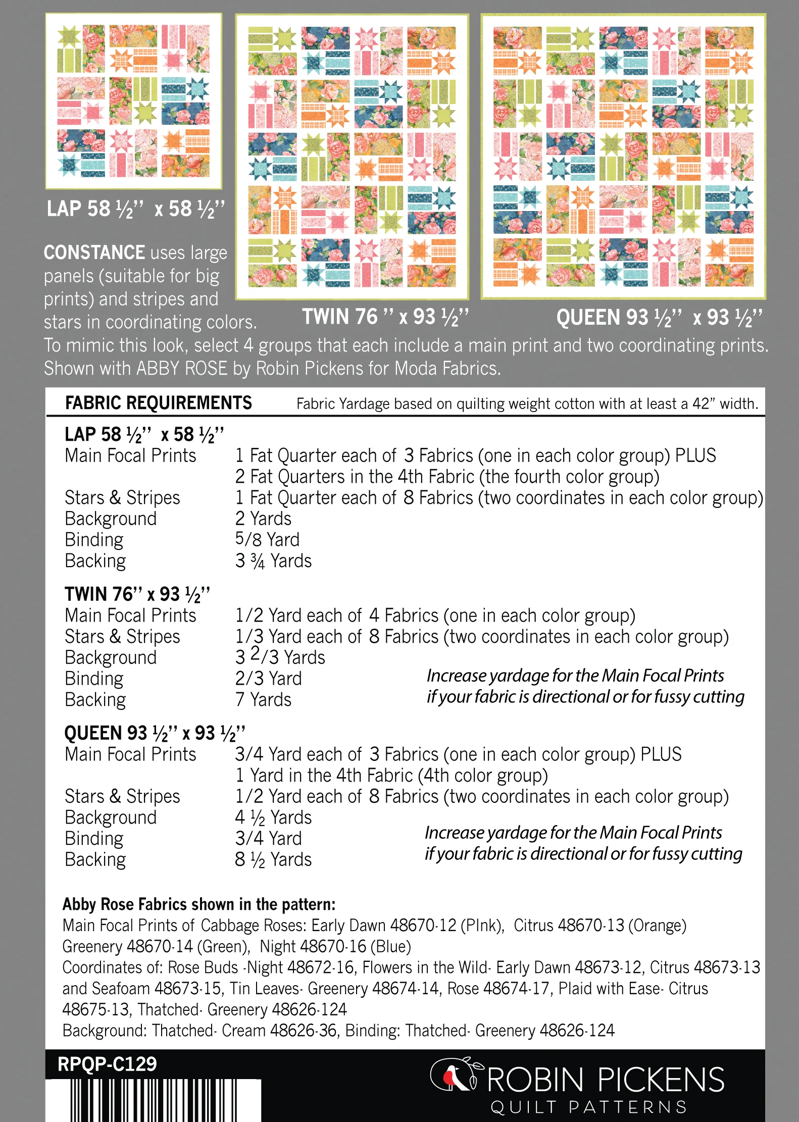 CONSTANCE Quilt Pattern (printed booklet) by Robin Pickens / Lap, Twin, Queen sizes - Image 2
