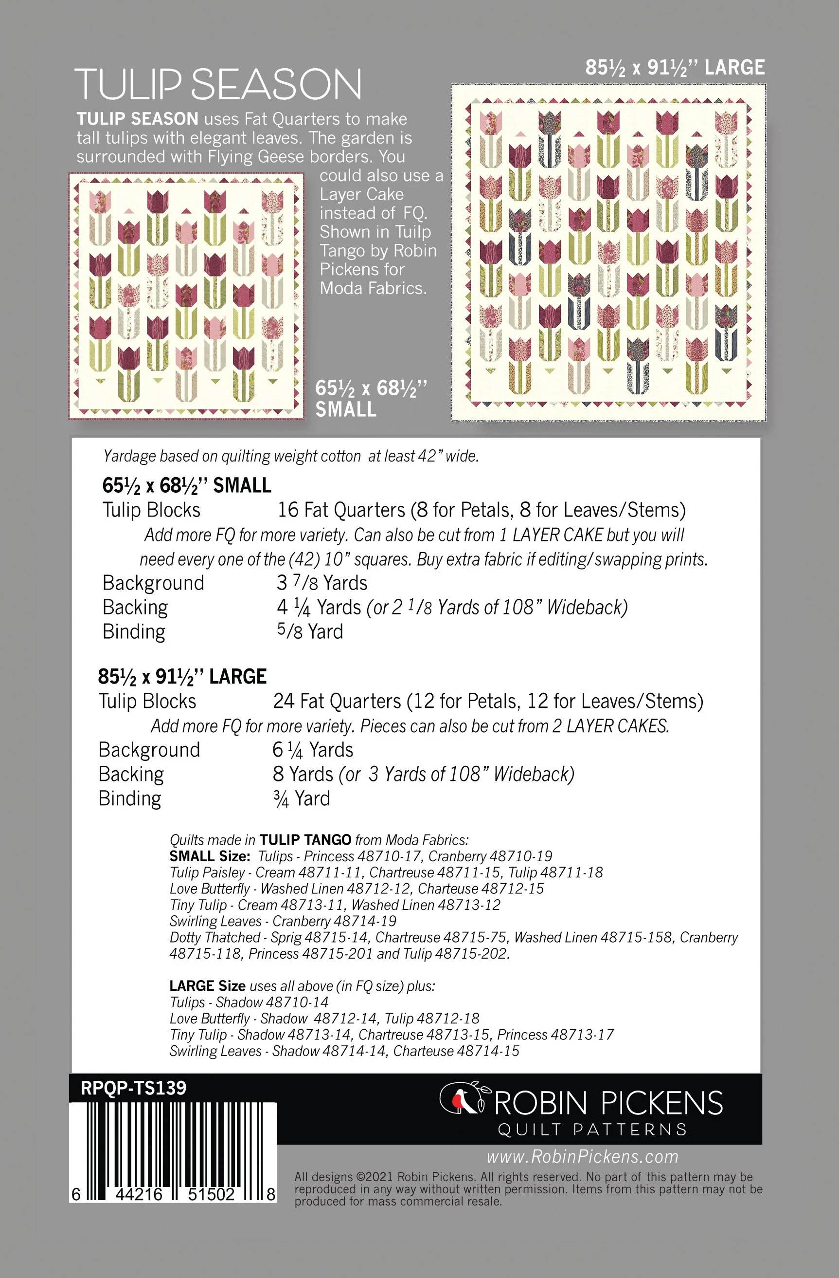 TULIP SEASON printed quilt pattern booklet, Robin Pickens, Lap/Wall or Large - Image 3