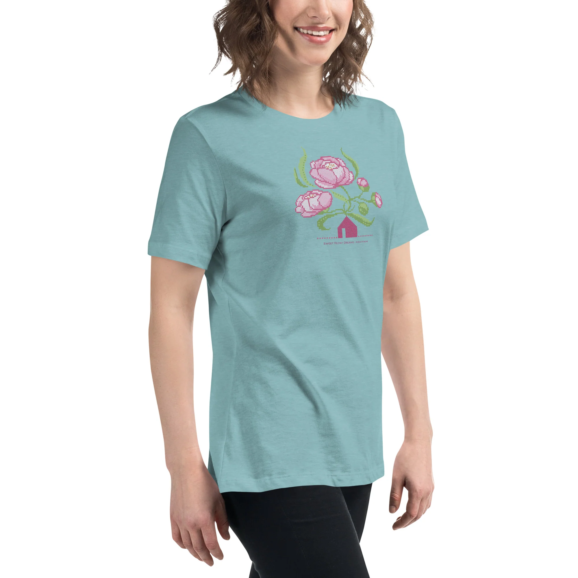 Peony Dreams little house cross stitch design Women's Relaxed T-Shirt - Image 10