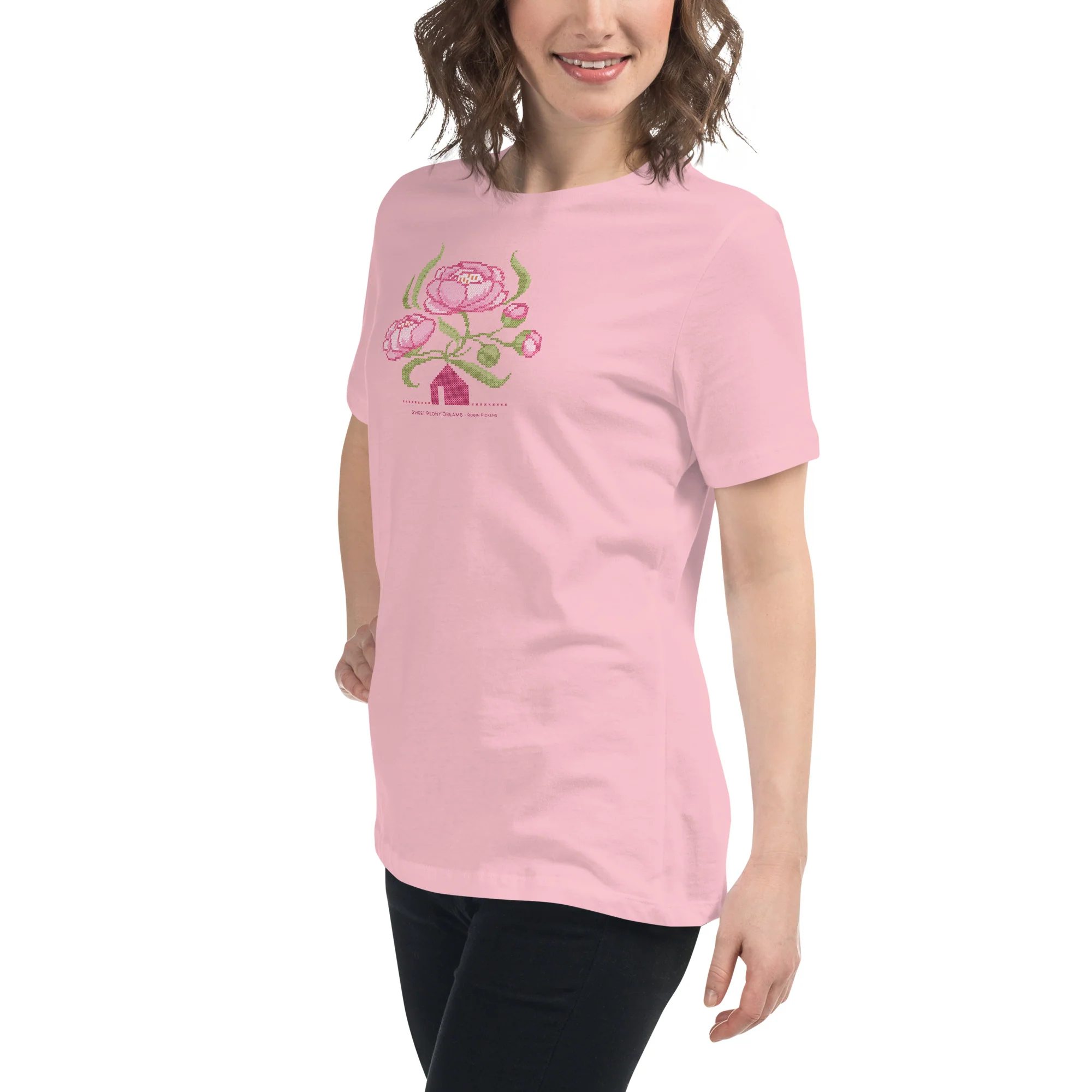 Peony Dreams little house cross stitch design Women's Relaxed T-Shirt - Image 11