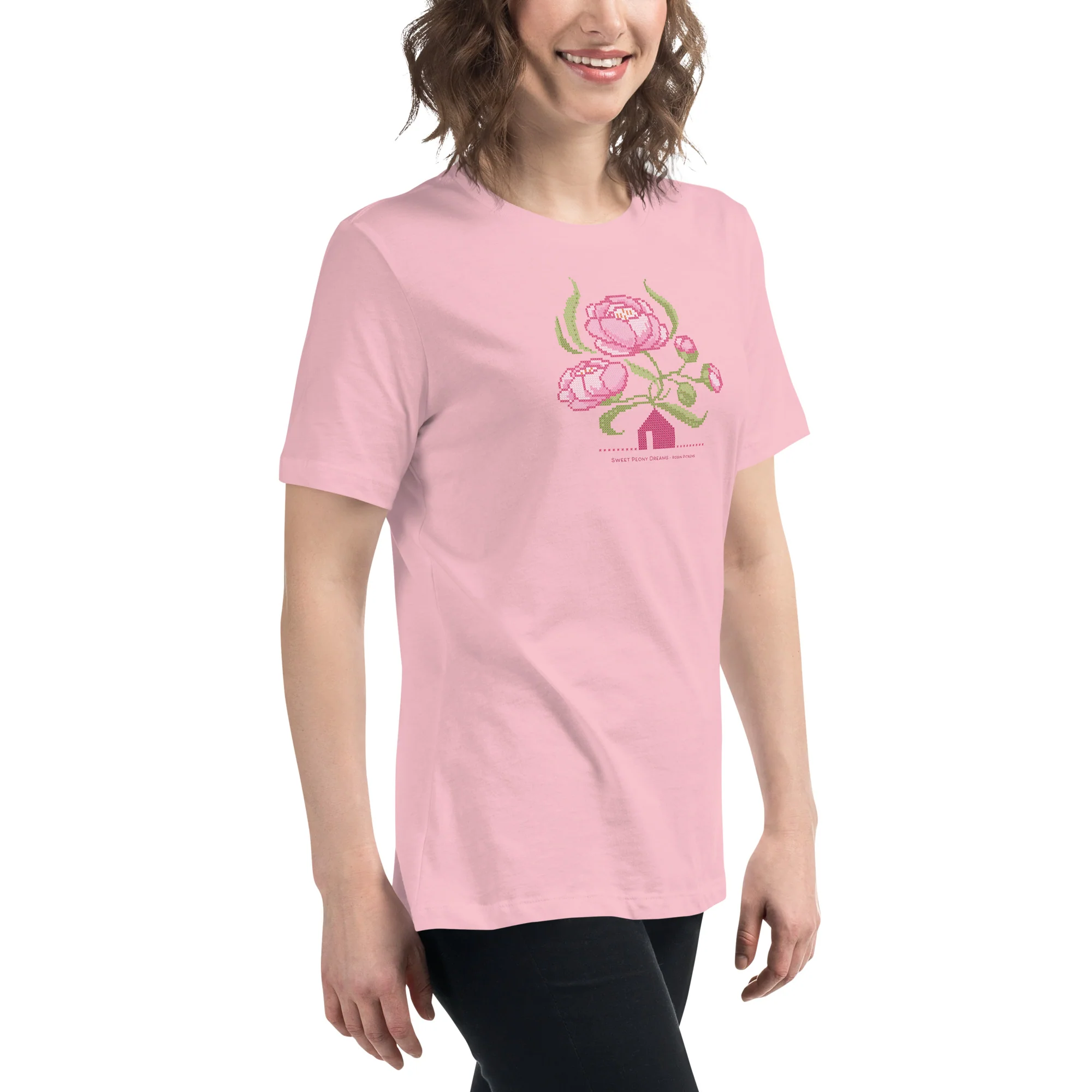 Peony Dreams little house cross stitch design Women's Relaxed T-Shirt - Image 12