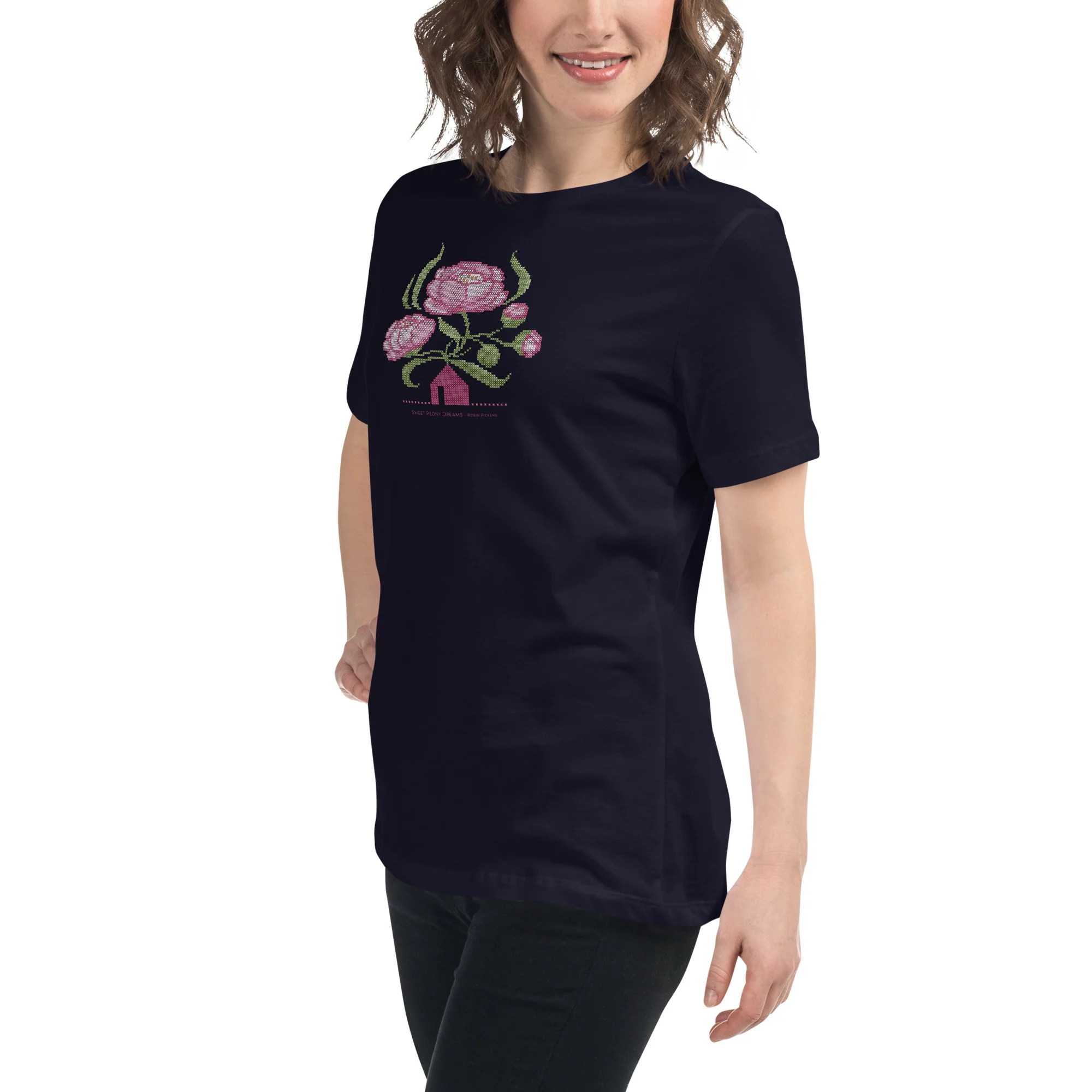 Peony Dreams little house cross stitch design Women's Relaxed T-Shirt - Image 3
