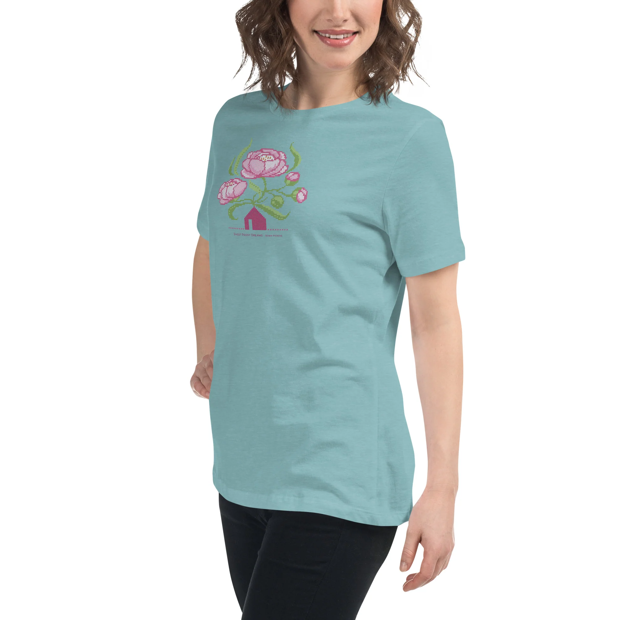 Peony Dreams little house cross stitch design Women's Relaxed T-Shirt - Image 9