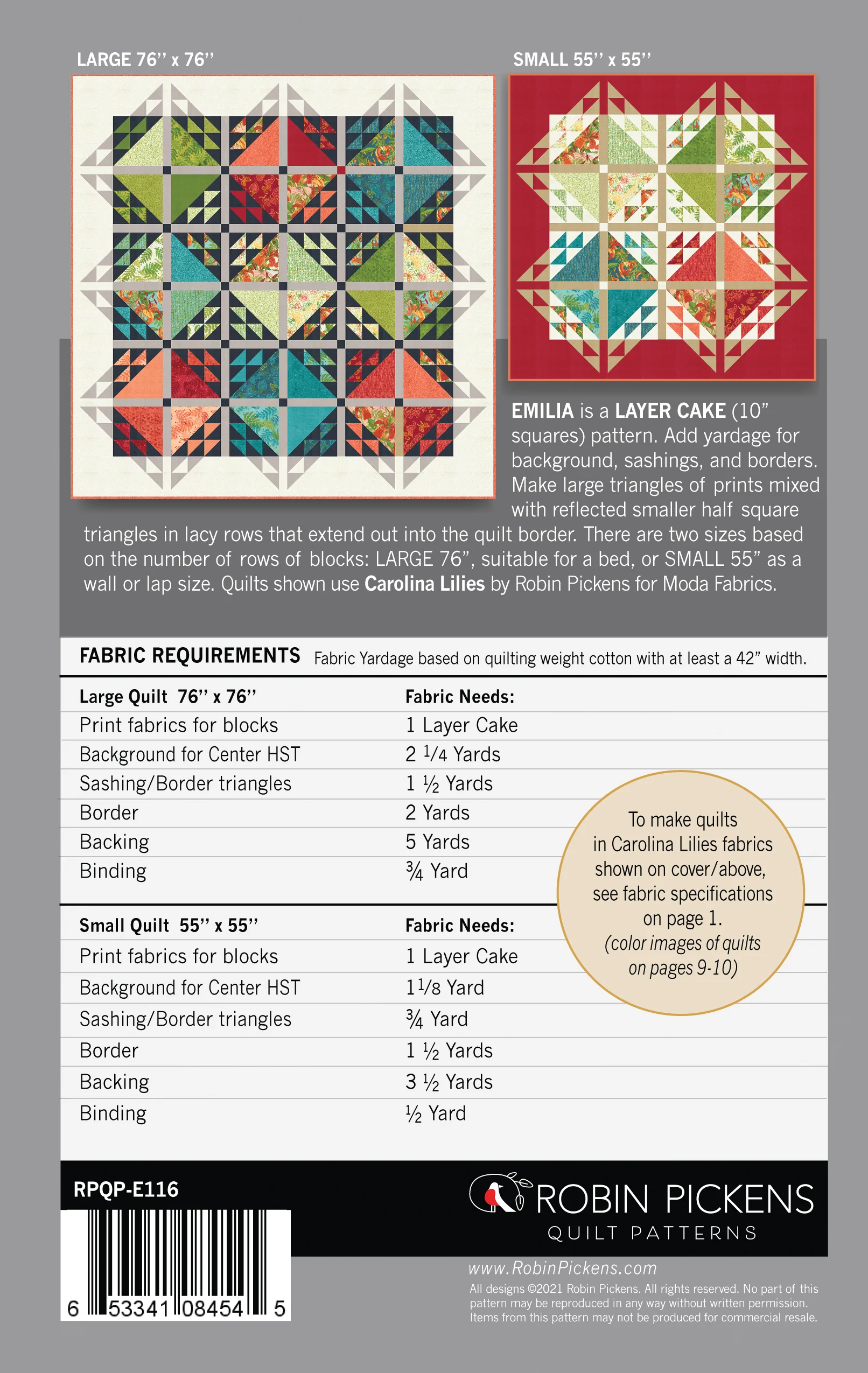 EMILIA Quilt Pattern (printed booklet) by Robin Pickens  76" or 55" square - Image 3