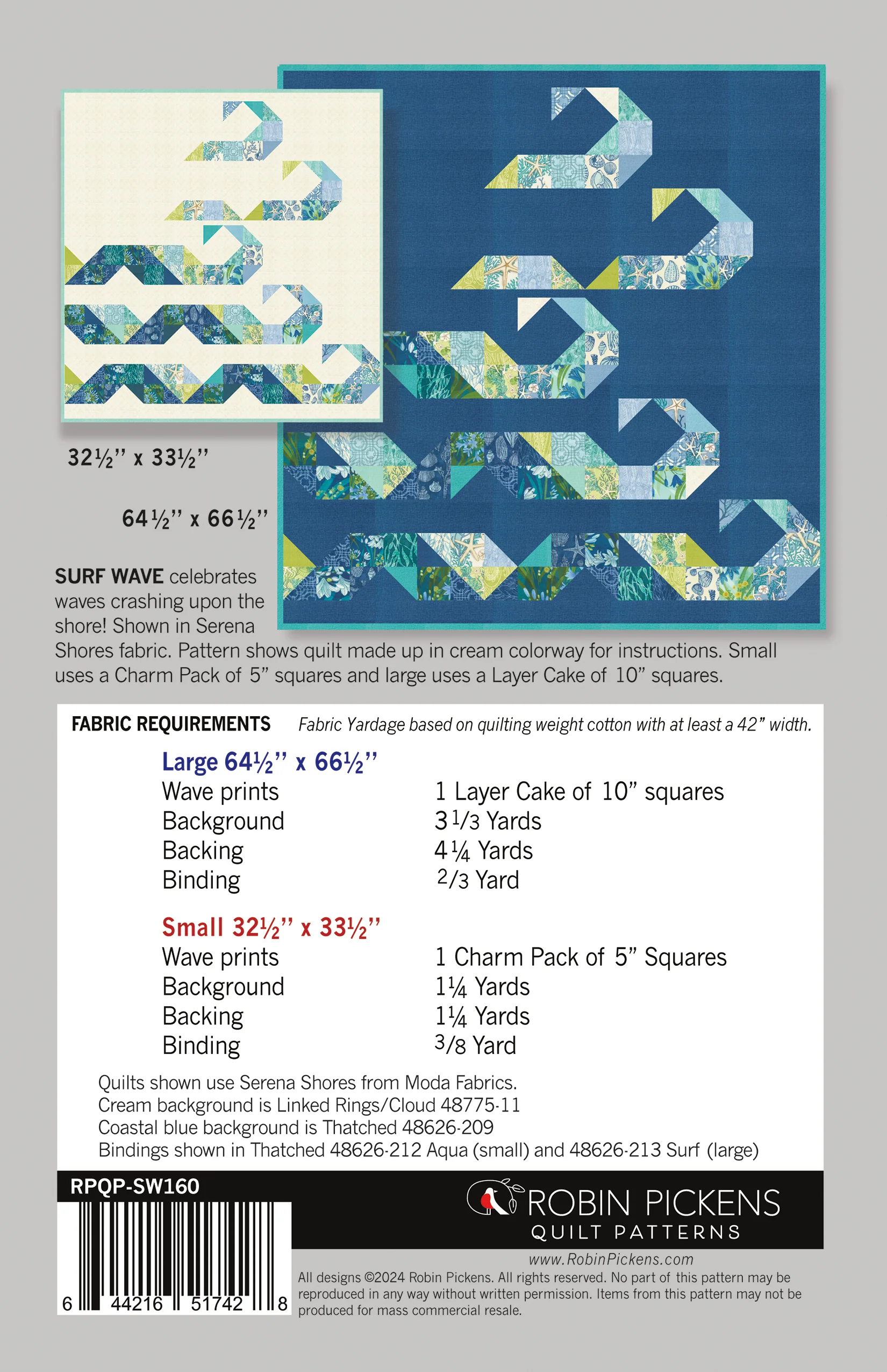 SURF WAVE printed quilt pattern, Large 64 x 66" or Small 32 x 33" - Image 2