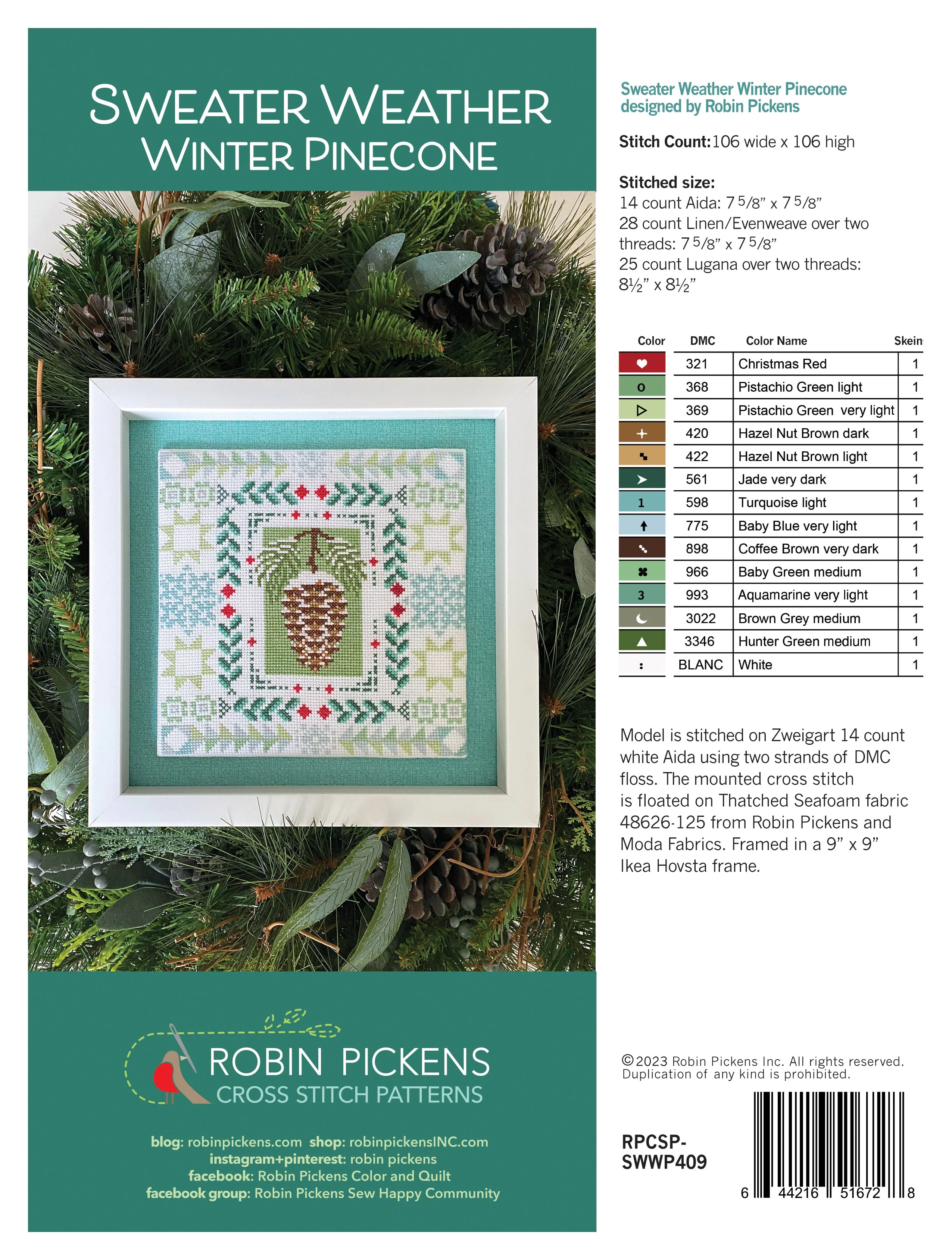 Sweater Weather Winter Pinecone Cross Stitch PRINTED Pattern - Image 2
